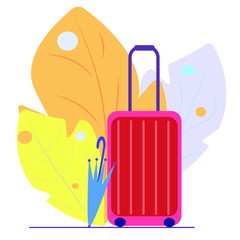 Time to travel, suitcase, umbrella, tropical leaves vector illustration.