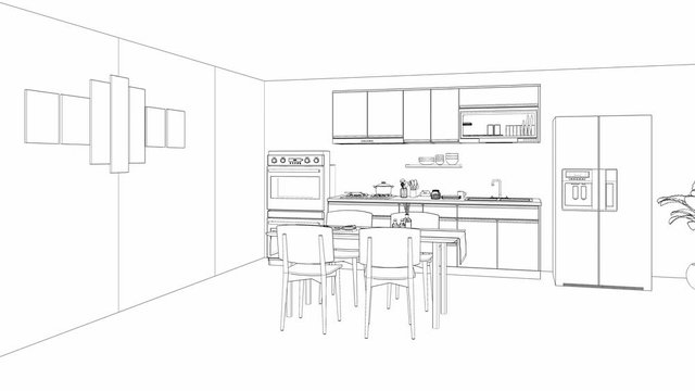 sketch of modern kitchen interior, 3d animation video ultra HD 4K 3840x2160
