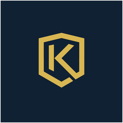 initial Letter K with Shield frame line art element. Shield Line geometry  for Security logo. Logo Icon Template for Web and Business Card, Letter Logo Template on Black Background. - vector