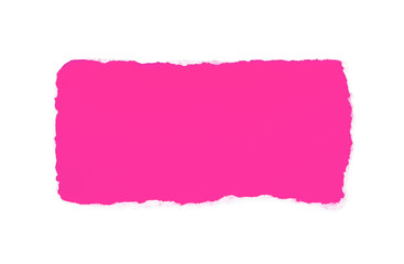 A hole in white paper with torn edges isolated on a white background with a bright pink color paper background inside.