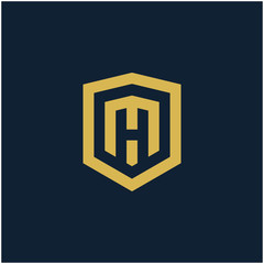 initial Letter MH with Shield frame line art element. Shield Line geometry  for Security logo. Logo Icon Template for Web and Business Card, Letter Logo Template on Black Background. - vector