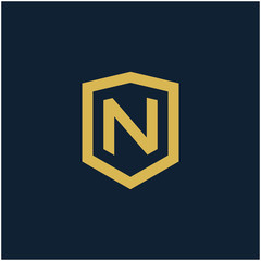 initial Letter N with Shield frame line art element. Shield Line geometry  for Security logo. Logo Icon Template for Web and Business Card, Letter Logo Template on Black Background. - vector