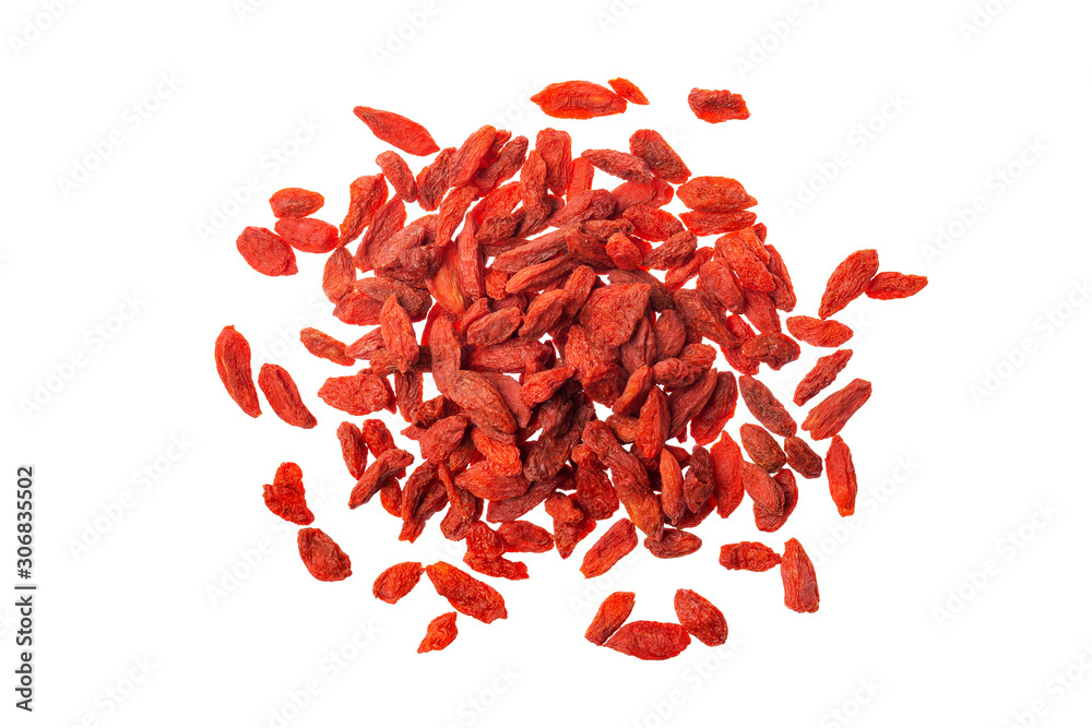 Wall mural top view image of goji dried berries group isolated ay white background. supefood, detox and healthy