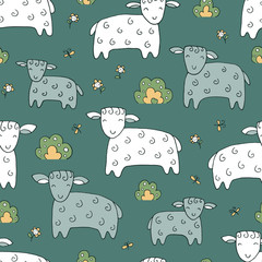 Seamless texture with funny sheep, lambs and hand drawn elements.