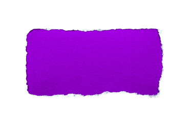 A hole in white paper with torn edges isolated on a white background with a bright violet color paper background inside. Good sharp paper texture.