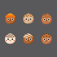 Chocolate cute candies, Flat Character, Vector illustration of different shapes and kinds of chocolate candies. 