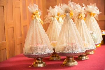 Engagement bowl for Thai engagement ceremony. bride price set, made from banana leaf and garland in thai wedding ceremony for contain wedding ring and flower, KHAN MAAK.