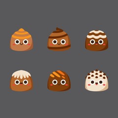 Chocolate cute candies, Flat Character, Vector illustration of different shapes and kinds of chocolate candies. 
