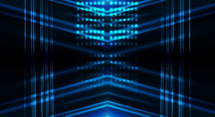 Dark empty scene, neon. Abstract futuristic background. Searchlight light, wet asphalt, smoke, night view, rays.