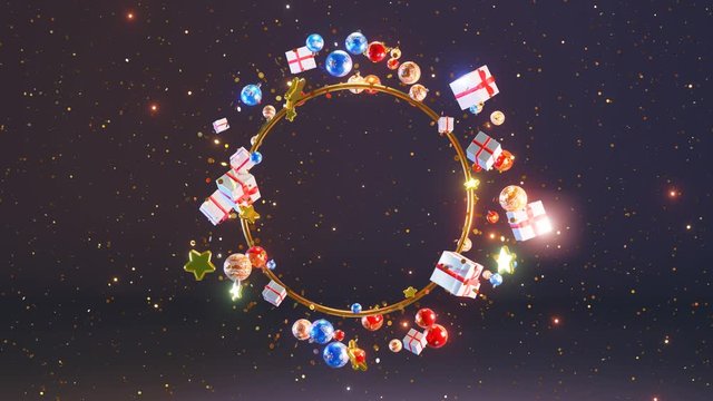 Christmas background. The new year 2023. Festive background. Colorful Christmas balls, gifts and Golden stars moves around the Golden ring   against the background of falling gold confetti. Loop 4K