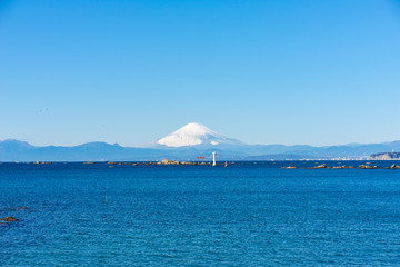 雪をかぶった富士山を相模湾岸に望む