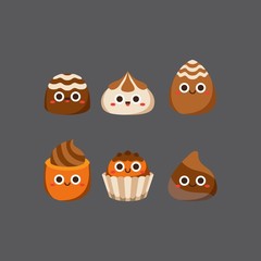 Obraz premium Chocolate cute candies, Flat Character, Vector illustration of different shapes and kinds of chocolate candies. 