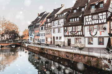 Medieval houses in Colmar, France in winter