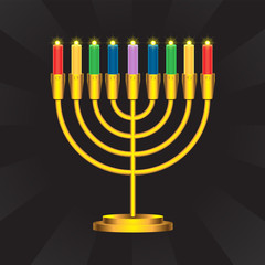Golden menorah candlestick with burning multicolored candles on isolated black background. Vector image