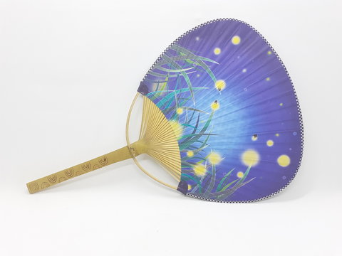 Artistic Colorful Ethnic Traditional Modern Design Hand Fan from Wood and Fabric Materials in White Isolated Background