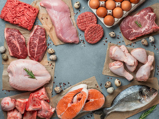 Carnivore diet concept. Raw ingredients for zero carb diet - meat, poultry, fish, seafood, eggs, beef bones for bone broth and copy space in center on gray stone background. Top view or flat lay. - obrazy, fototapety, plakaty