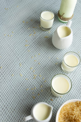 Fototapeta na wymiar Fresh rice milk drink. Healthy nutritious vegetable milk. Homemade dairy themes
