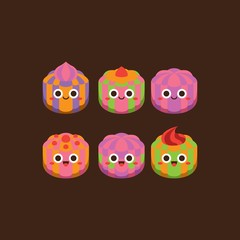 Cute pastel candies Flat Character ,Vector illustration of different shapes and kinds of chocolate candies. 