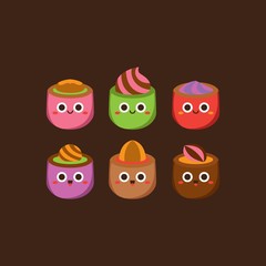 Cute pastel candies Flat Character ,Vector illustration of different shapes and kinds of chocolate candies. 
