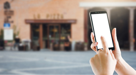 Close-up. girl hands using mobile phone search for location and connect people