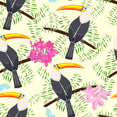 Exotic beach trendy seamless pattern, floral vector tropical leaves, pink flower, lilies, plumeria.