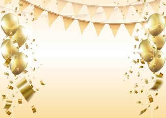 Celebration party with flag, balloons, and confetti on golden background