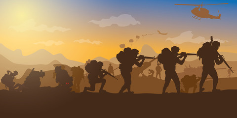 Military vector illustration, Army background, soldiers silhouettes.	