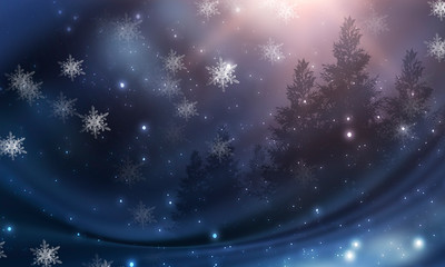 Empty dark, winter scene with snowflakes, winter dark background. Abstract snow, blizzard. Abstract light, rays, snow. Winter night.