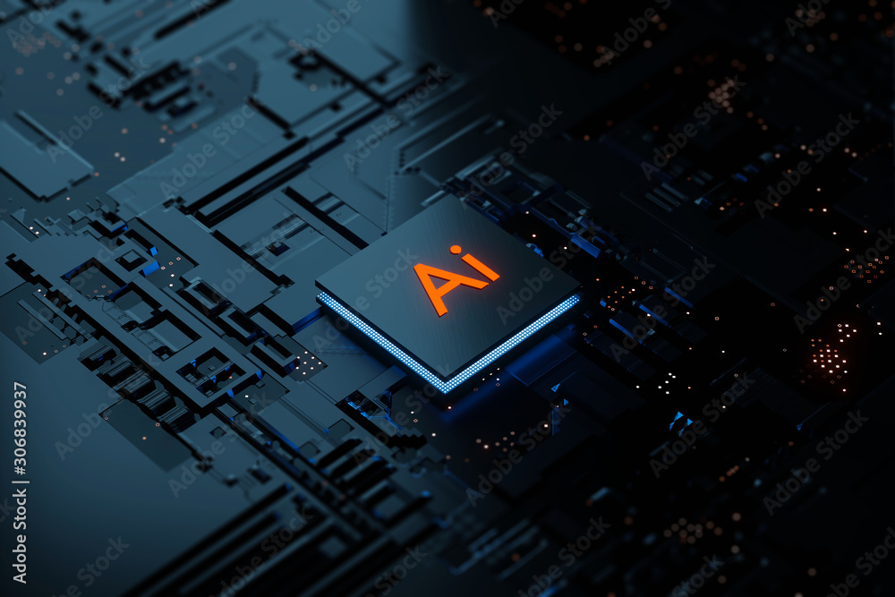 Fototapete 3d rendering glowing ai artificial intelligence technology chipset cpu on circuit board. electronic 