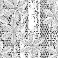 Seamless vector pattern with openwork flowers on texture background. Abstract floral background. Black and white. - obrazy, fototapety, plakaty