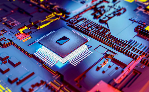 3D Rendering Glowing Chipset CPU on circuit board. electronic and technology Concept.