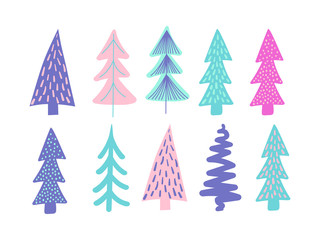 Set of cute hand drawn Christmas tree isolated on white background. Colored stylized spruce, abstract textured fir icons collection. New Year Vector illustration for print, web, design, decor