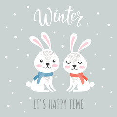 Obraz na płótnie Canvas Couple of cute rabbits. Christmas bunny character vector illustration. Winter theme card.