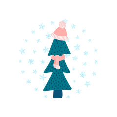 Cute hand drawn winter spruce with hat and scarf, snowflakes around isolated on white. Kid stylized Christmas tree, holidays fir concept. New Year Vector illustration for print, web, design, decor