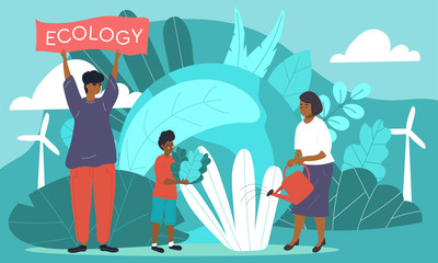 Ecology and environmental concept with an eco friendly green family watering plants, using wind energy from turbines and holding up an Ecology banner, vector illustration to Save the Planet