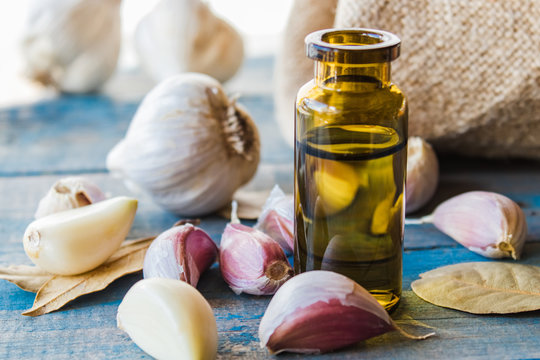 Garlic essential oil in a glass bottle near ripe garlic on a background of blue old wooden boards.