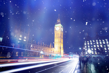 Fototapeta na wymiar Snowfall in London at winter.