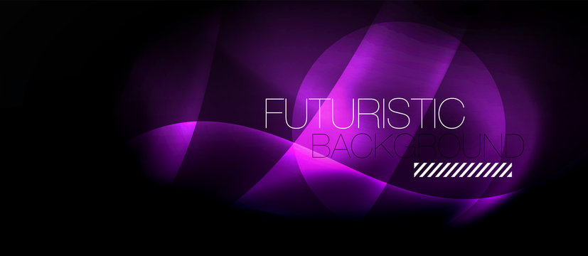 Dark background with neon color waves, vector template