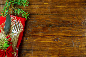 Christmas table setting top view with copy space.