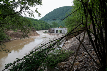 Fototapeta na wymiar Construction of the small dam on the Jadar River, Bosnia and Herzegovina