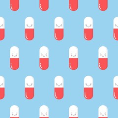 Seamless pattern with cute pink pills and capsules. Simple flat vector illustration on blue background.