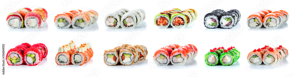 Sticker sushi rolls set, maki, philadelphia and california rolls, on a white background.