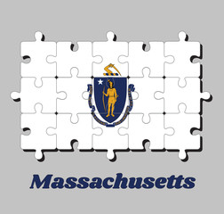 Jigsaw puzzle of Massachusetts flag. The state coat of arms centered on a white field. The states of America, Concept of Fulfillment.