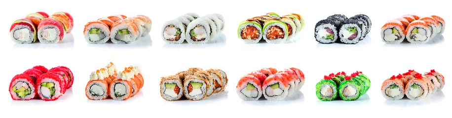 Rolgordijnen Sushi Rolls Set, maki, Philadelphia en Californië broodjes, op een witte achtergrond. © smspsy