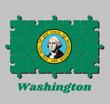 Jigsaw puzzle of Washington flag, the state seal, displaying an image of state namesake George Washington on green. The states of America, Concept of Fulfillment.