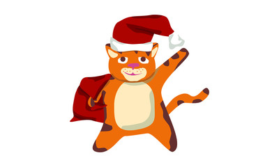 cute Santa cat carries gifts in a bag and says Hello. Christmas flat illustration. use it as a postcard or design any subject. happy holidays