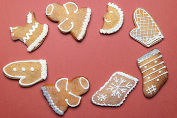 Gingerbread man. Xmas homemade Ginger, Honey cookies on dark background. Merry Christmas greeting card, banner. Winter holiday xmas theme. Happy New Year. Space for text