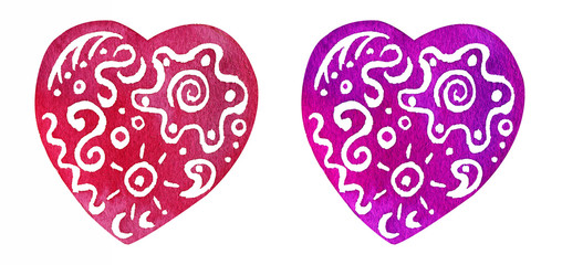 Bright watercolor Valentine's hearts with abstract pattern