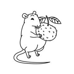 Rat Chinese new year symbols. Cute mouse holding tangerine vector outline cartoon isolated black white illustration.