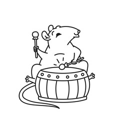 Rat Chinese new year symbols. Cute mouse play drum vector outline black white cartoon isolated illustration.